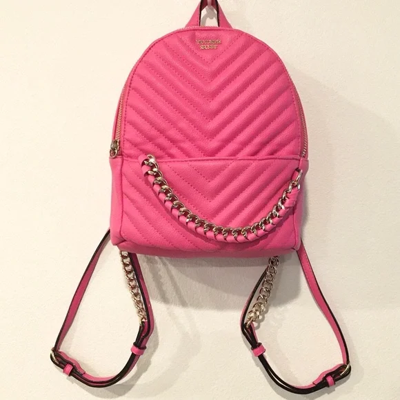 Victoria’s Secret | Hot Pink Mini Quilted & Gold Chain Backpack - Picture 3 of 15